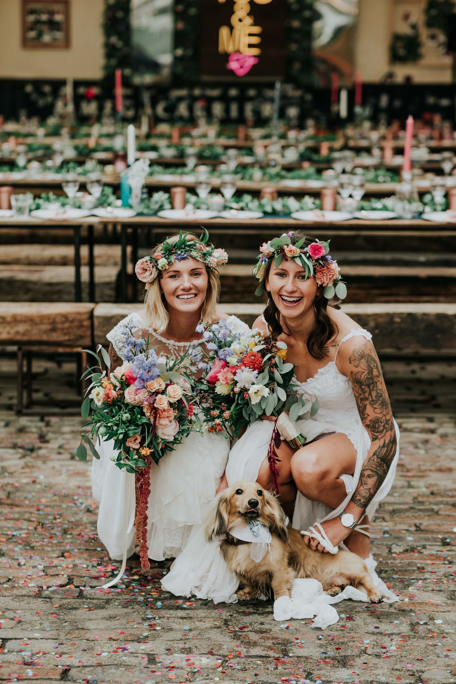 two brides with dog ring bearer