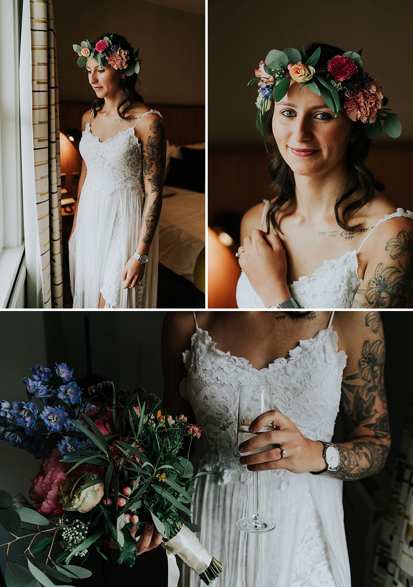 bride with tattoos and flower crown