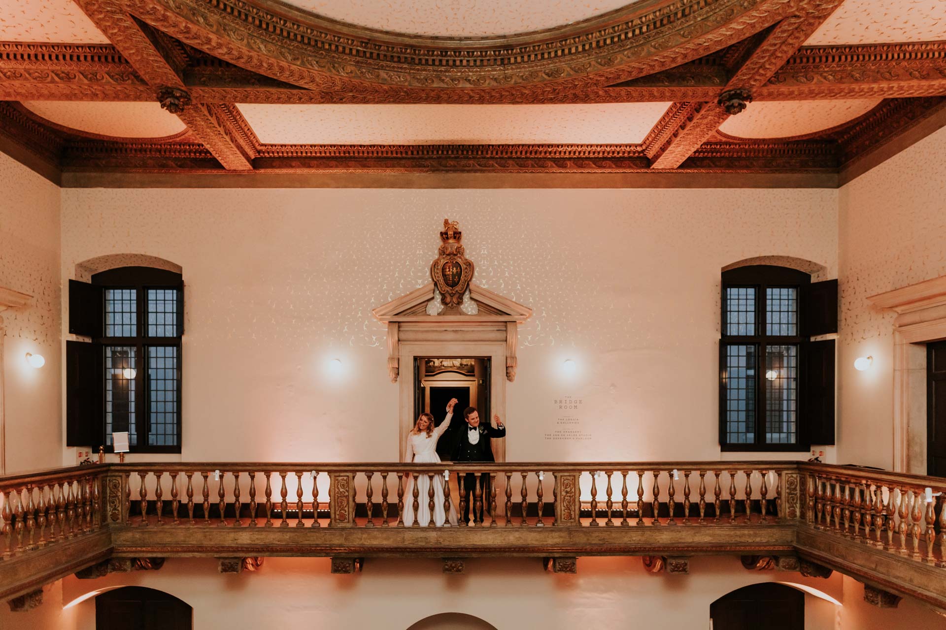 bride and groom entrance via great hall balcony in queens house