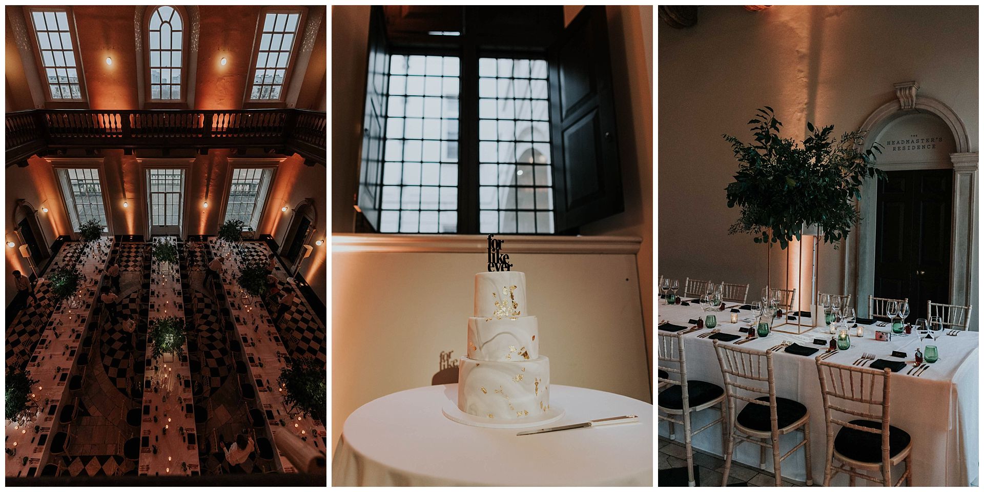 winter wedding decor with long tables at queens house