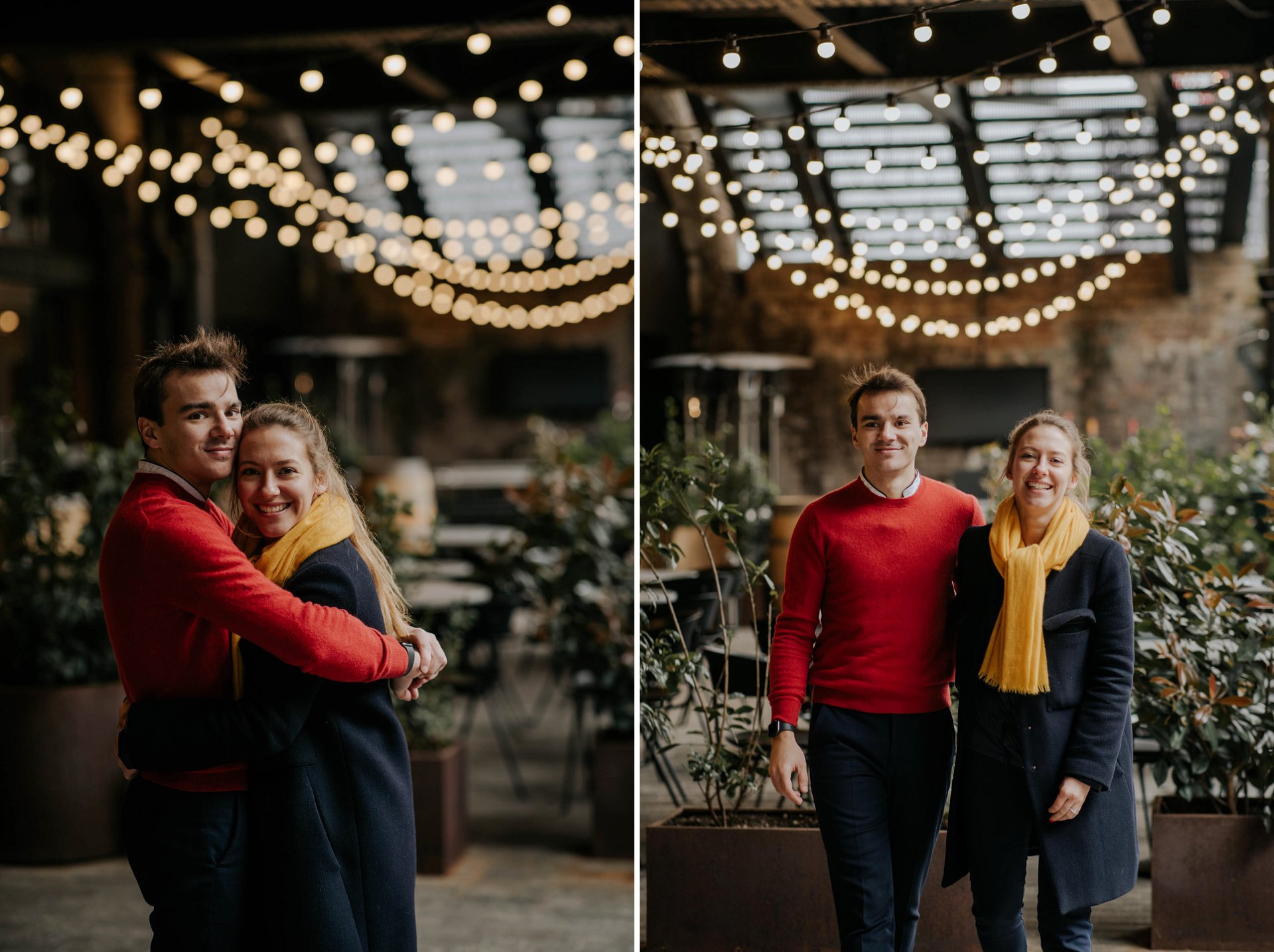 engagement photography with couple hugging in front of fairy lights