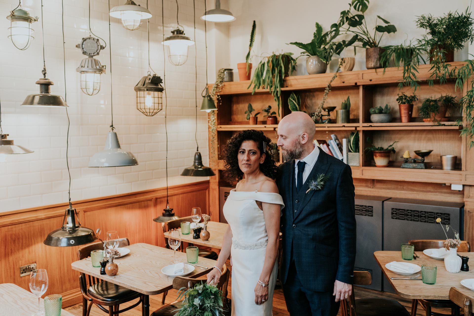 bride and groom in town hall hotel restuaruant
