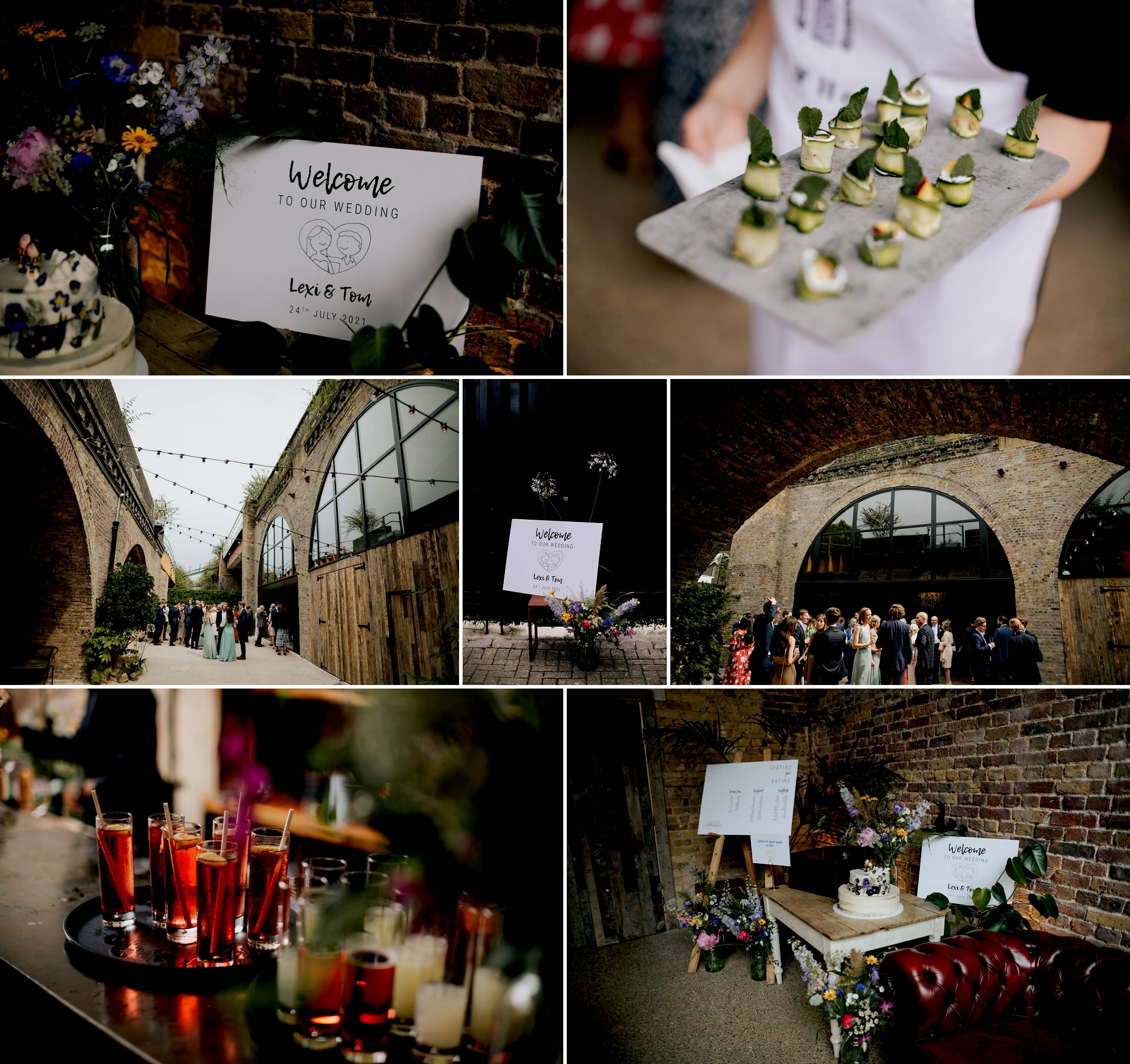 100 barrington road wedding venue, photos of wedding sign, canape, guests under the arch, drinks