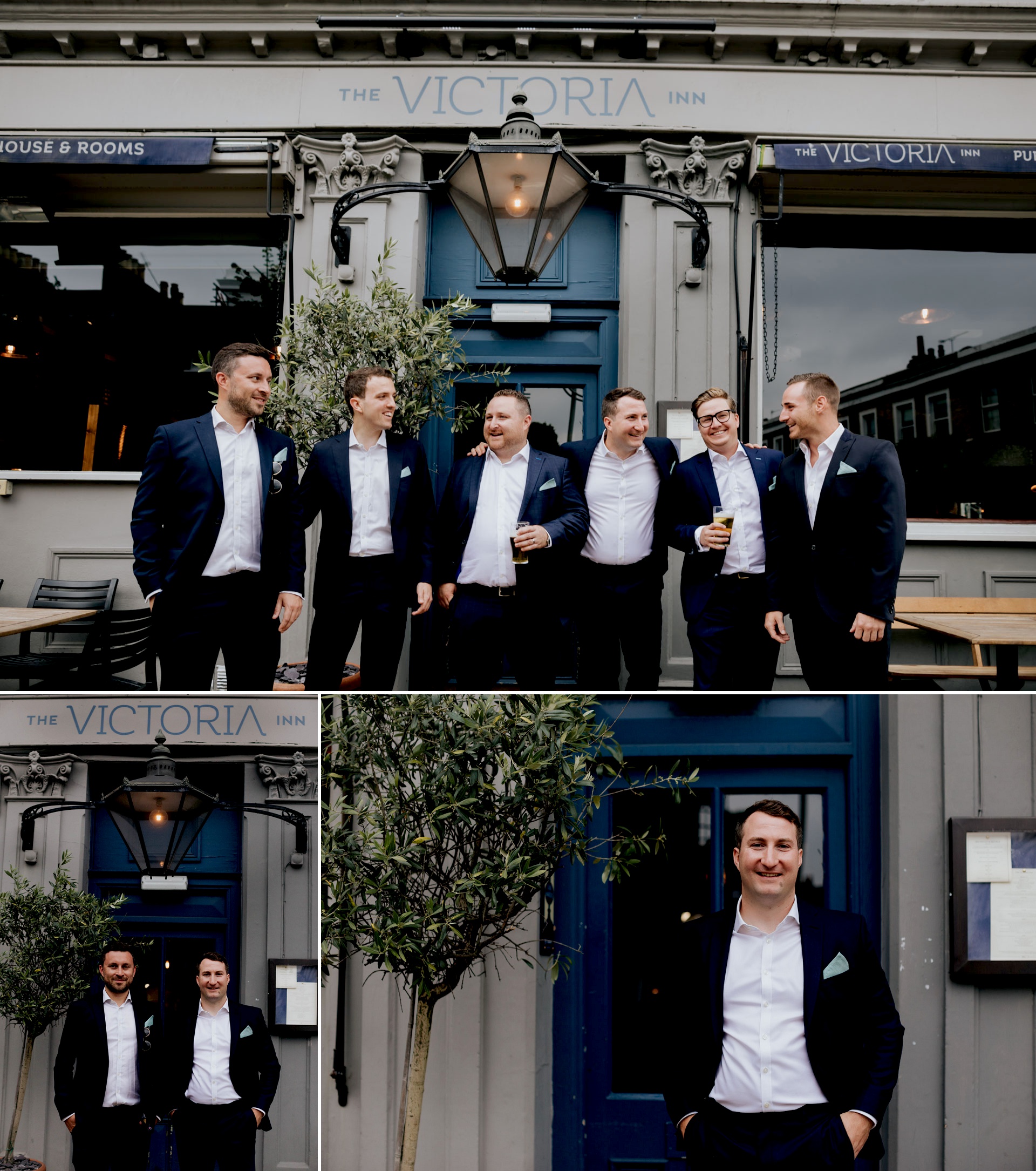 groom and groomsmen hugging and smiling outside of the victoria inn