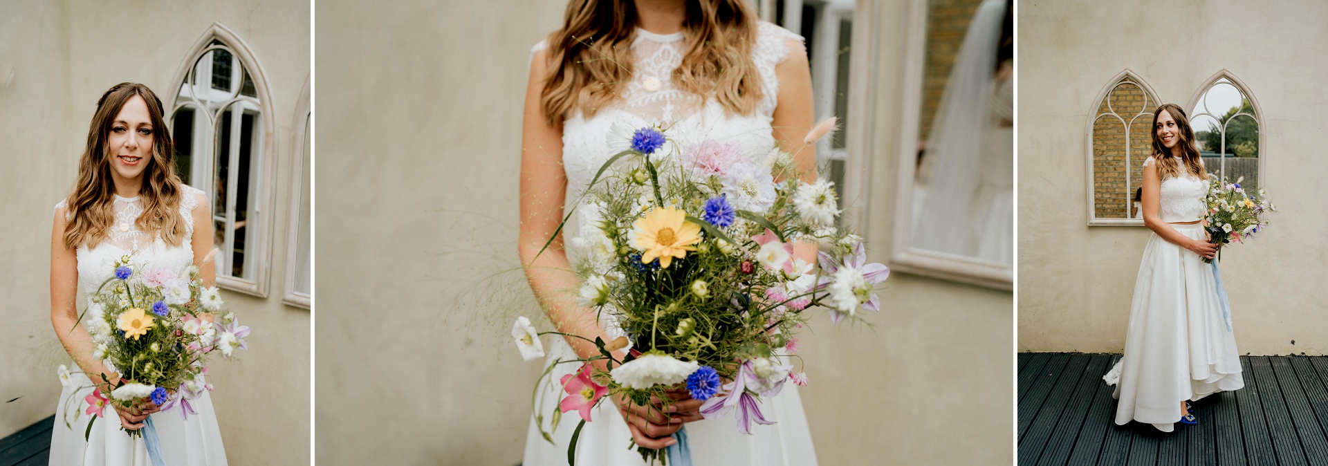 triptich of bridal portrait with flowers