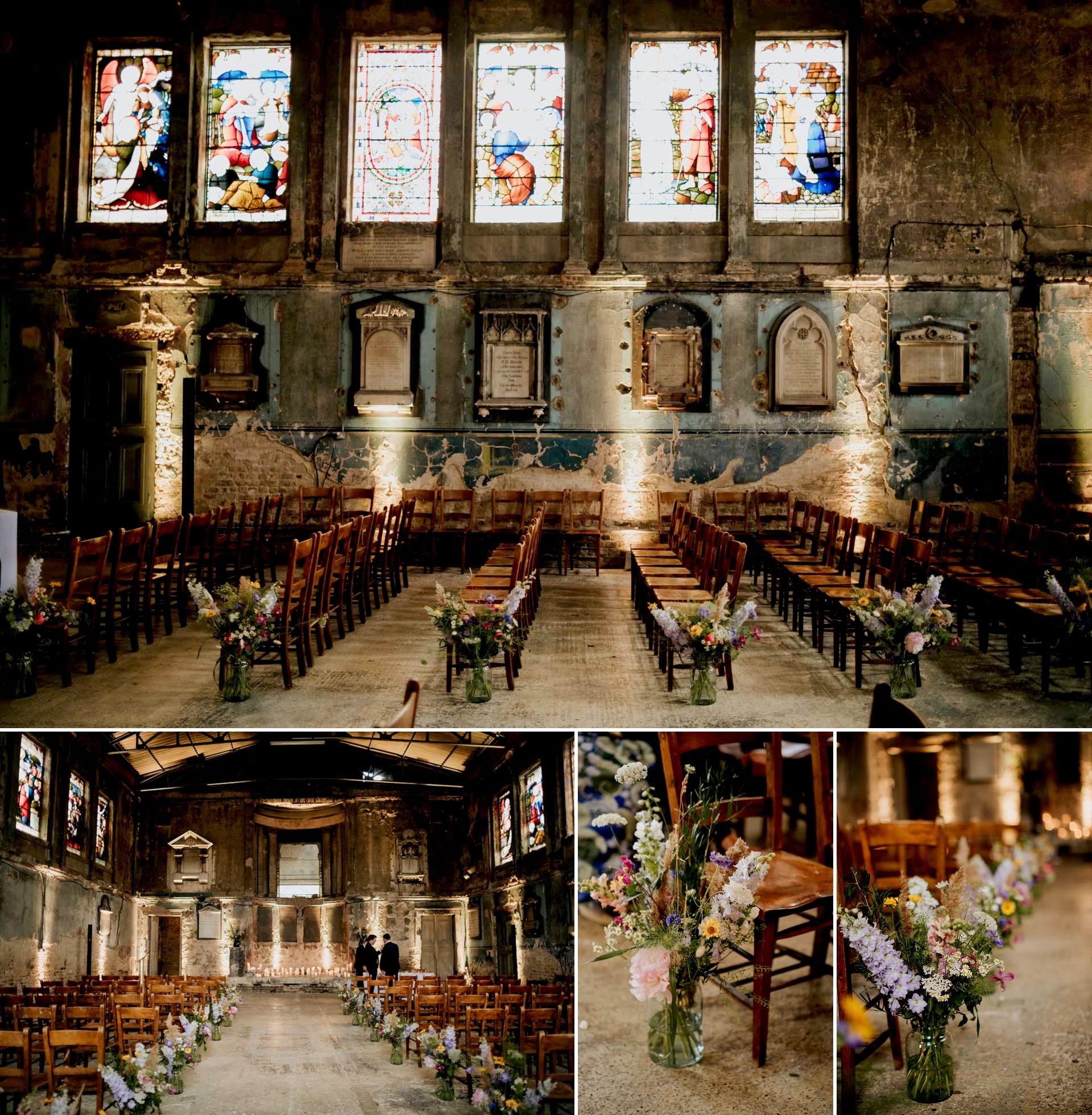 asylum chapel interiors with stained glass windows, wooden chairs and fresh cut flowers