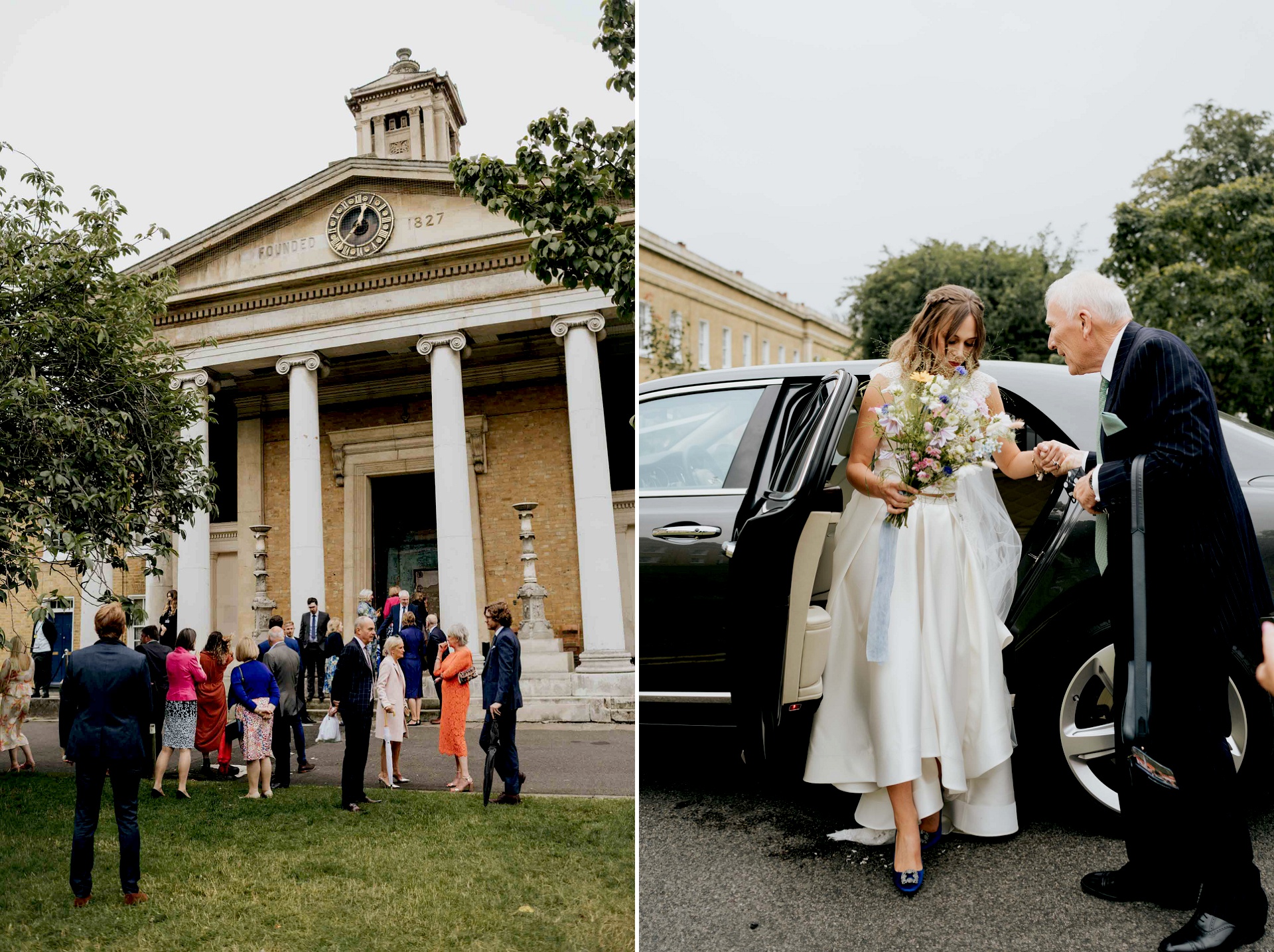 asylum chapel on the left and bride getting out of the car with her fathers help on the right