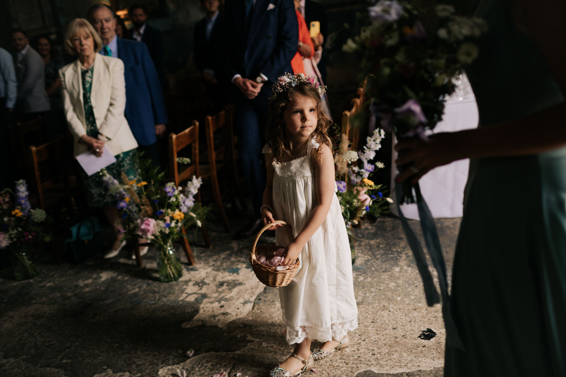 flower girl in the door of asylum chapel
