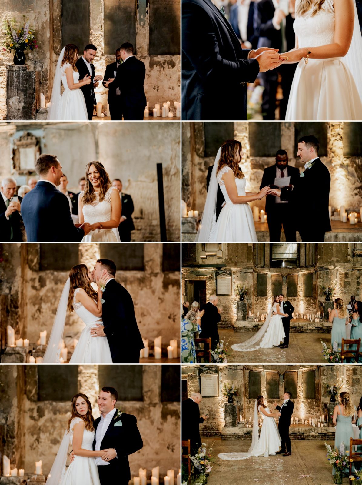 collage of photos with bride and groom exchanging rings in a ceremony at asylum chapel
