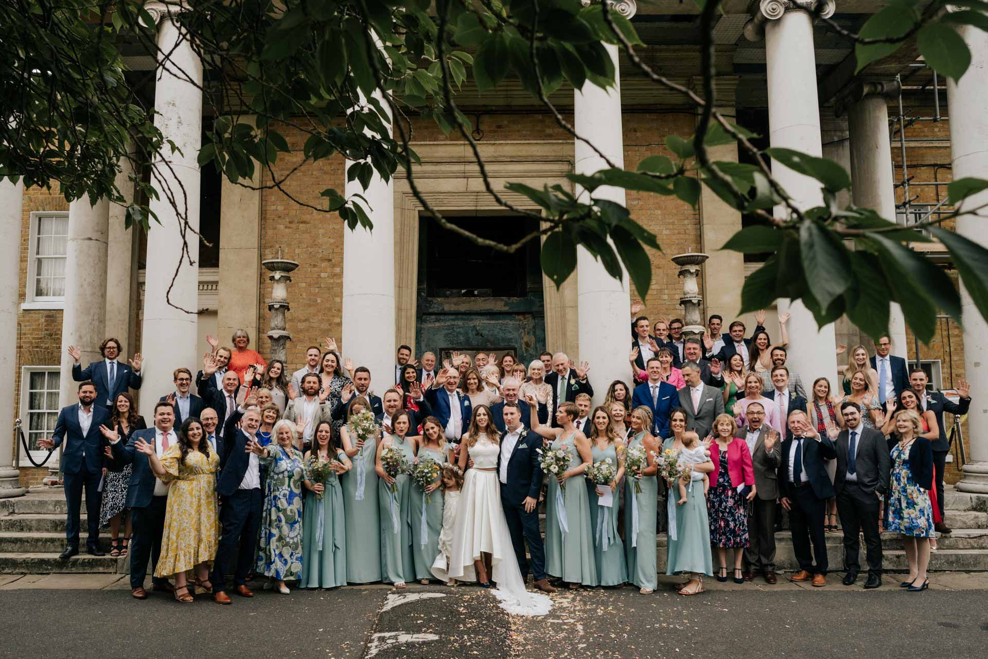 group photo of all guests outside asylum chapel