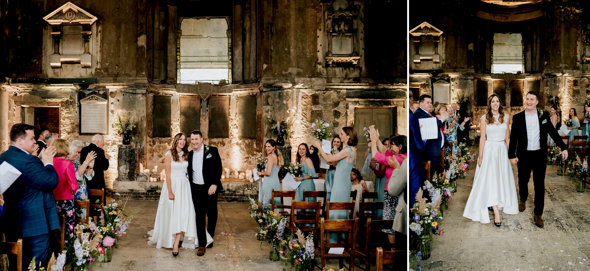 bride and groom exiting asylum chapel