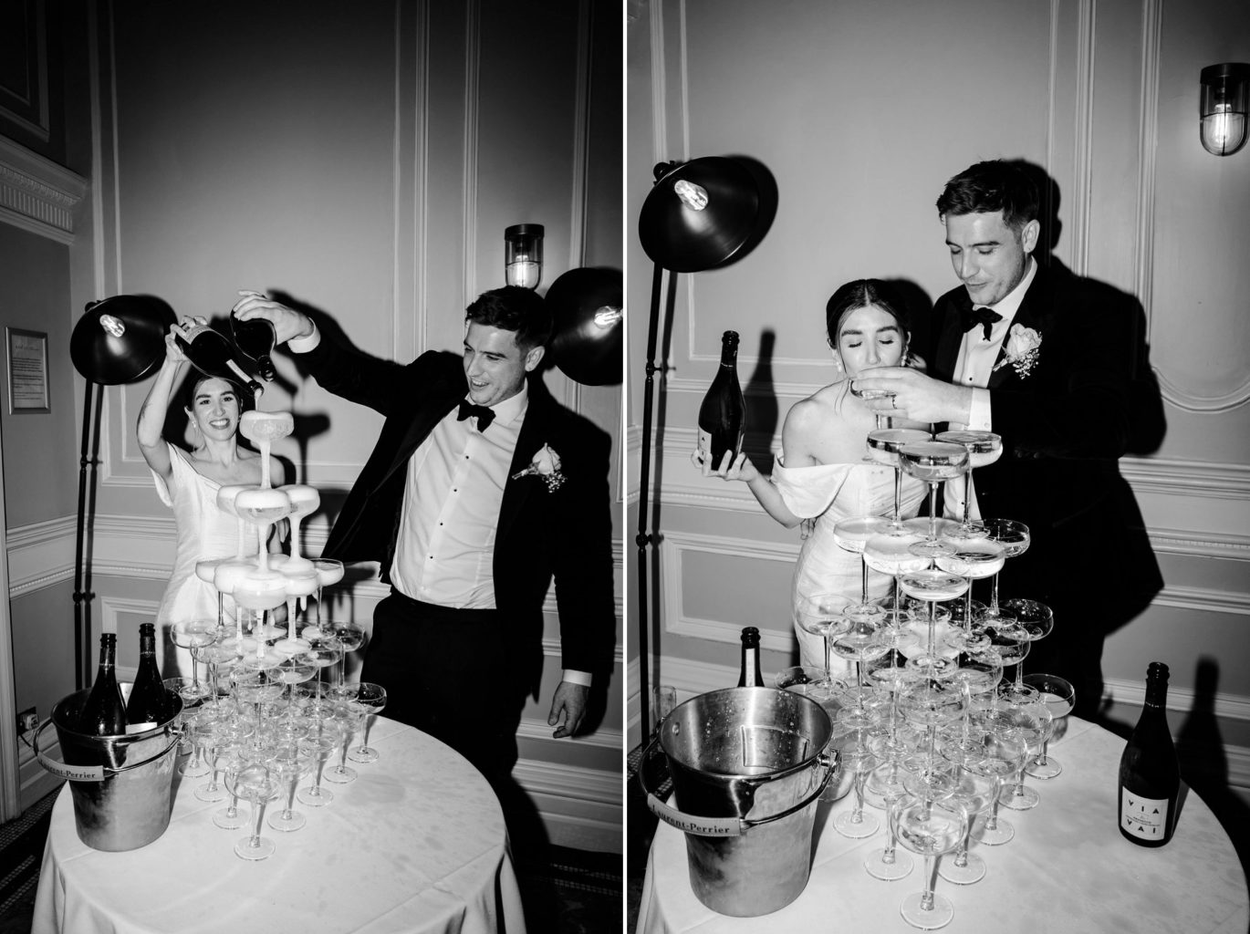 best wedding photography idea with champagne tower and bride and groom pouring over it