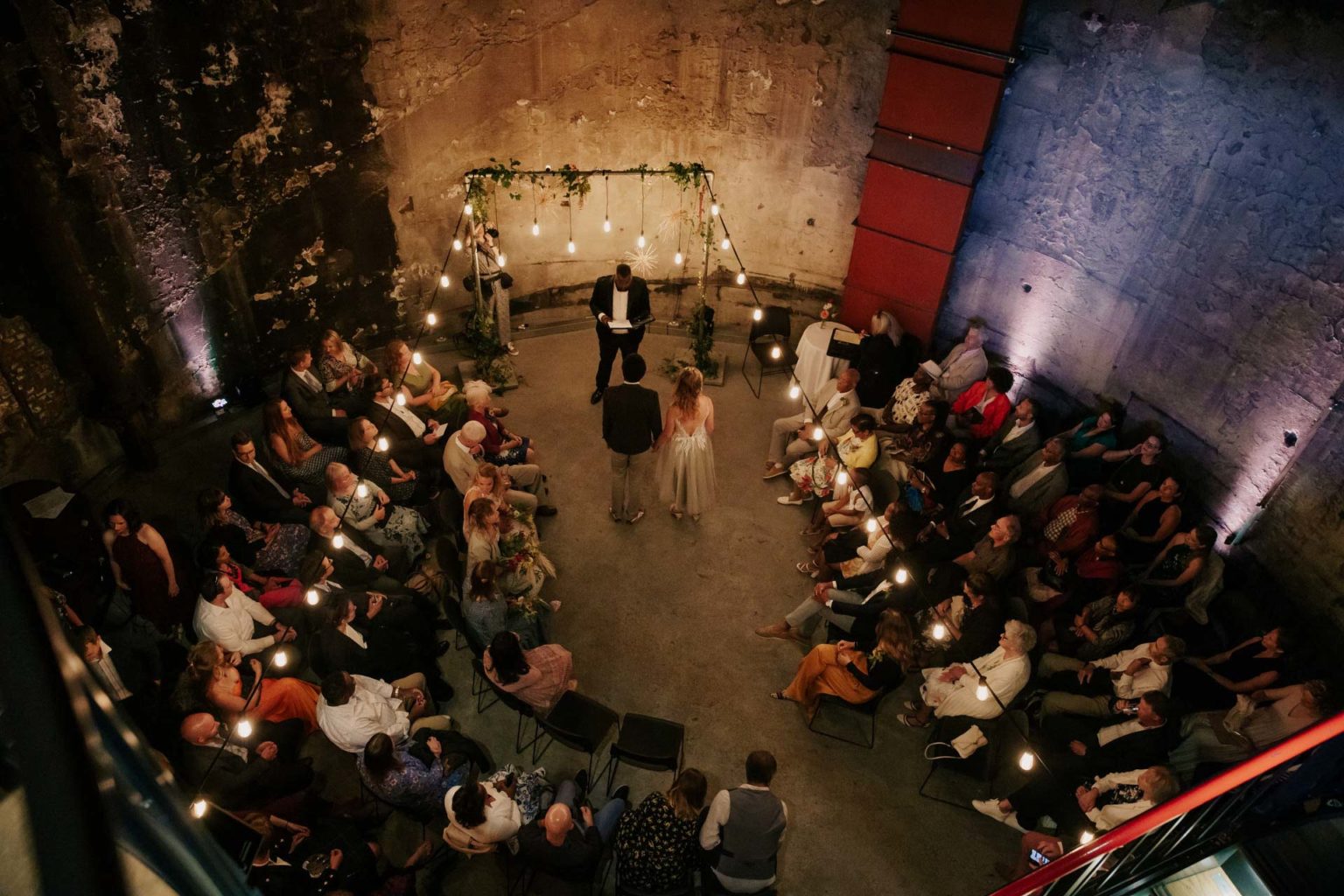 ceremony top view at brunel tunnel shaft with festoon light