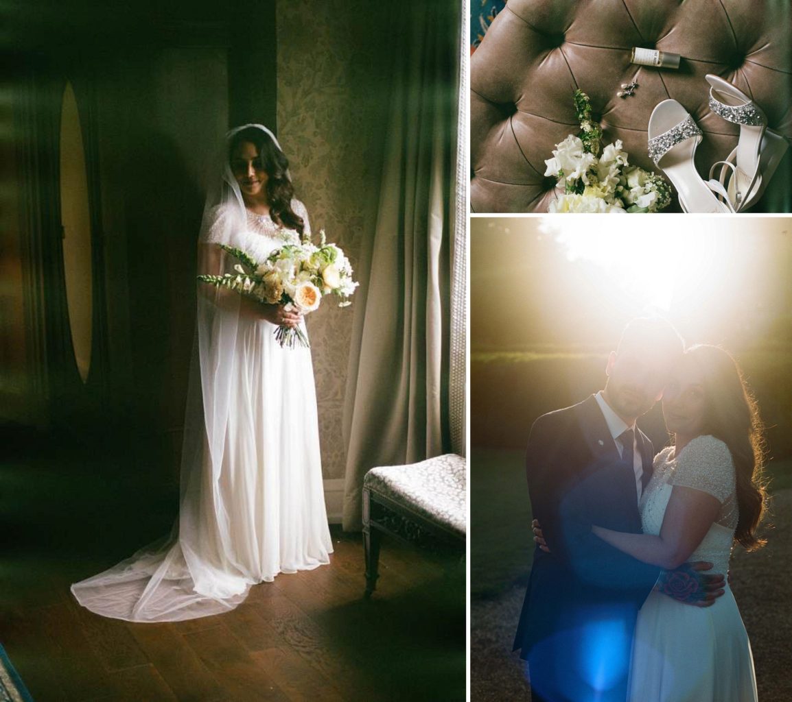 best wedding photography examples using film photography with flare and light leaks/ Bride with a bouquet, shoes, and bride and groom with a flare of light