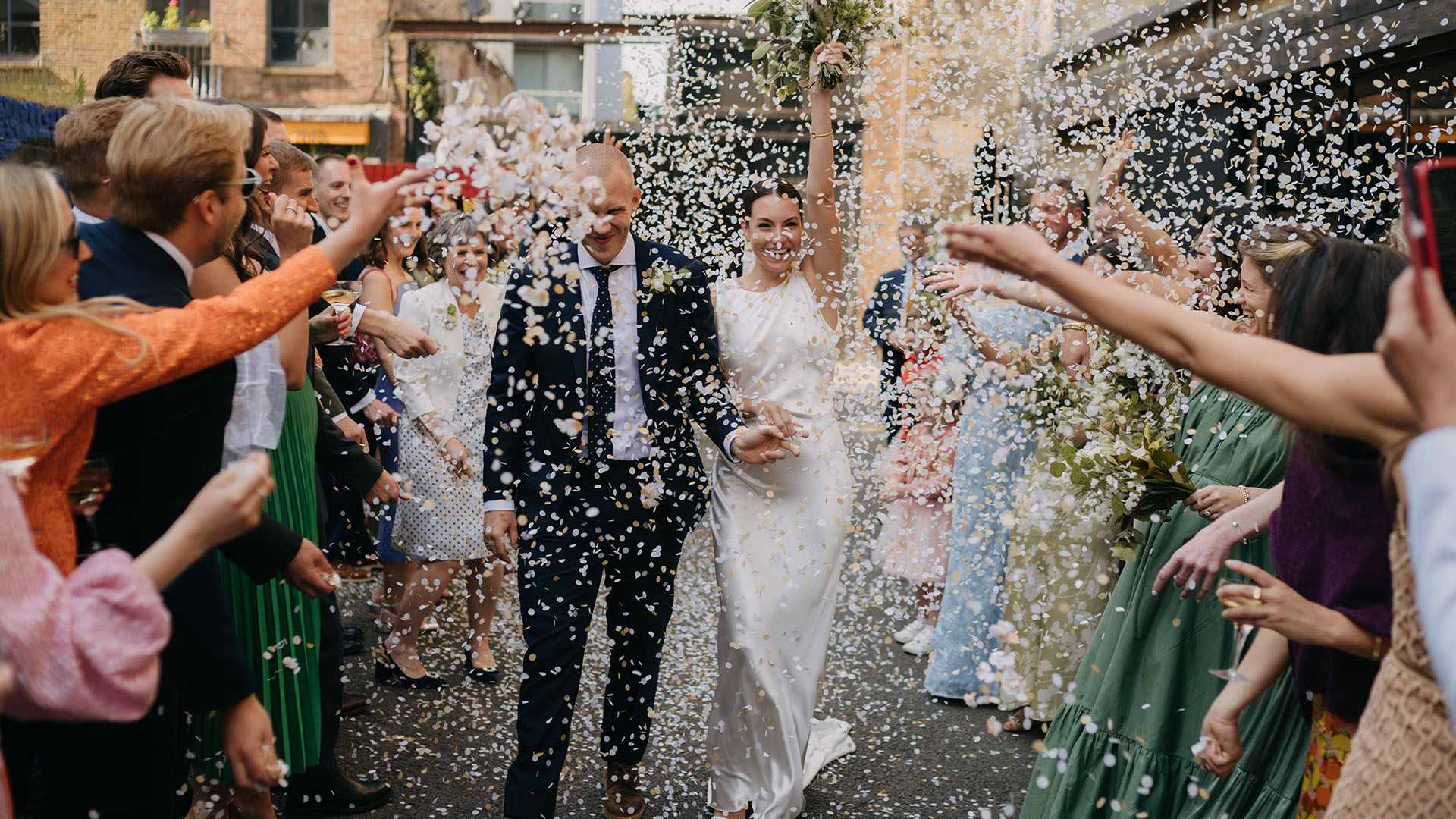 confetti shower at shoreditch studios wedding
