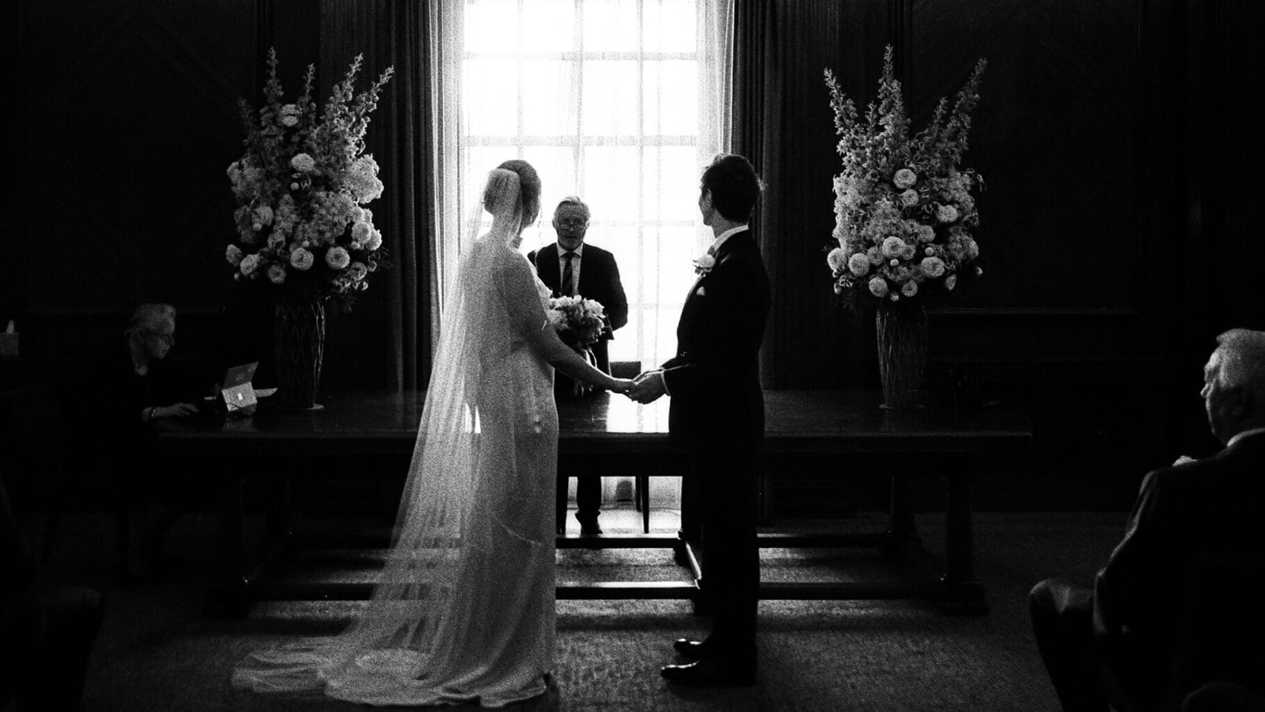Cinematic film photo of wedding ceremony at Old Marylebone Town Hall