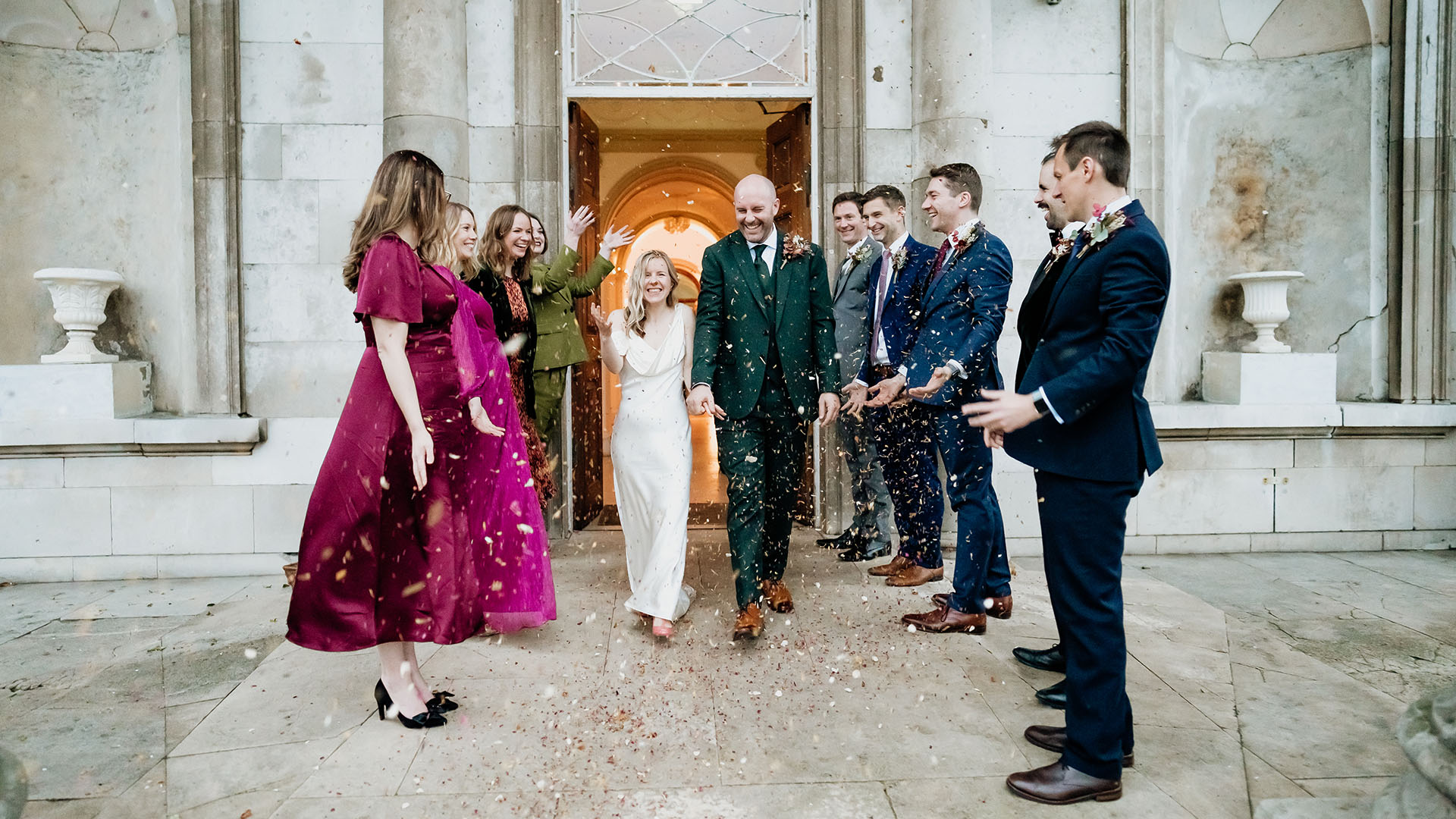 bride and groom confetti exit at beckeham place mansion