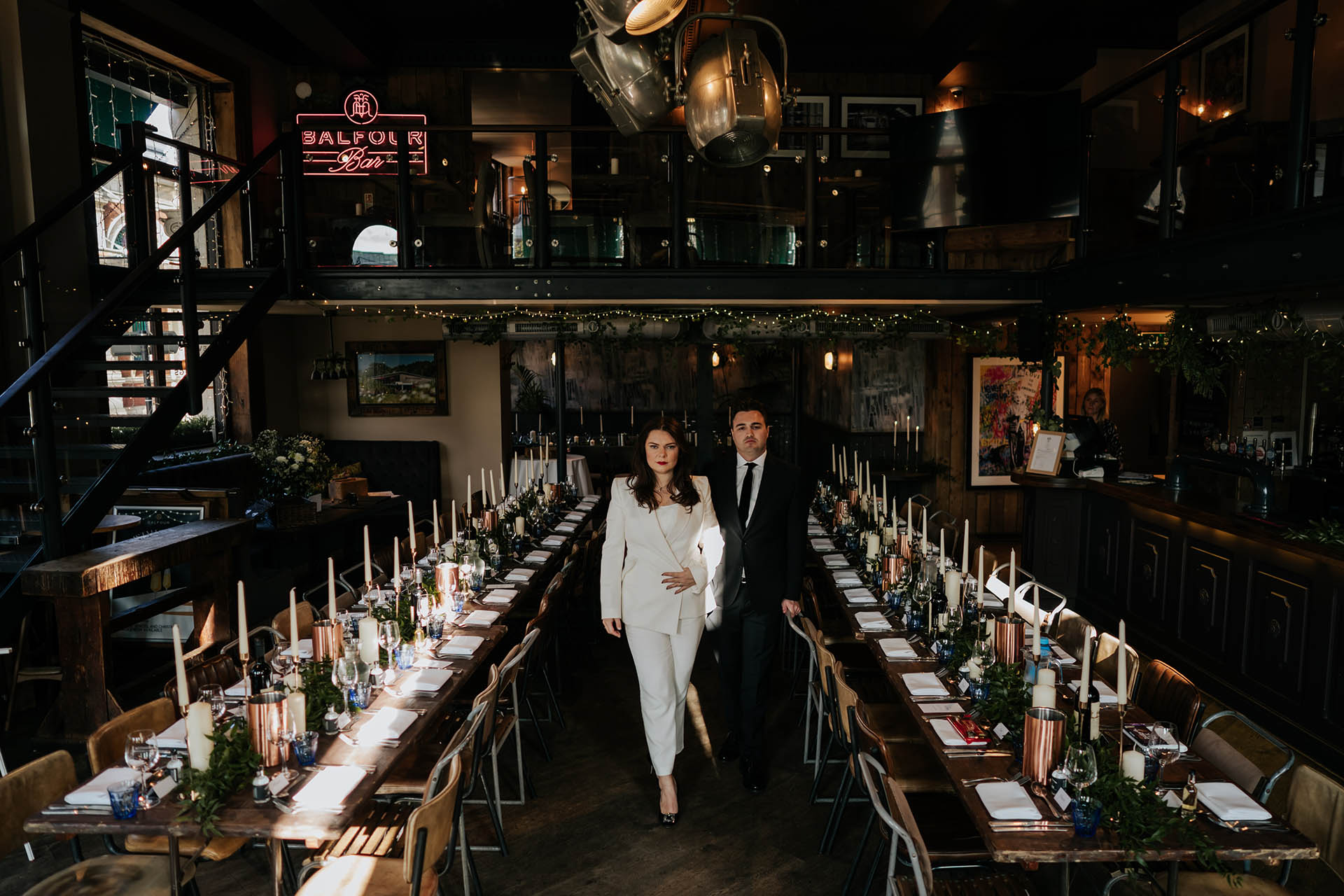 bride and groom posing at balfour wedding venue