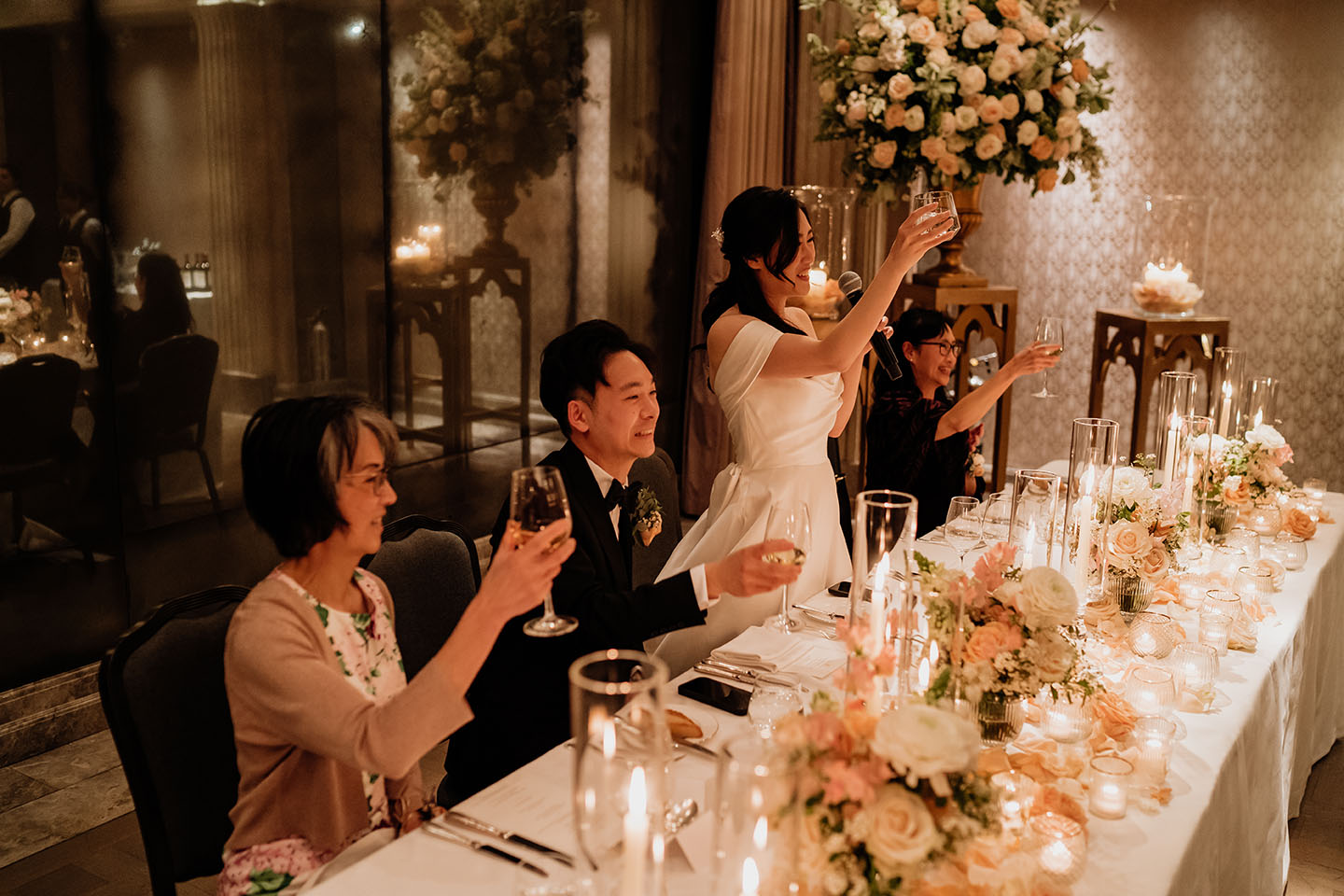bride making a wedding speech toast at the connaught hotel wedding reception