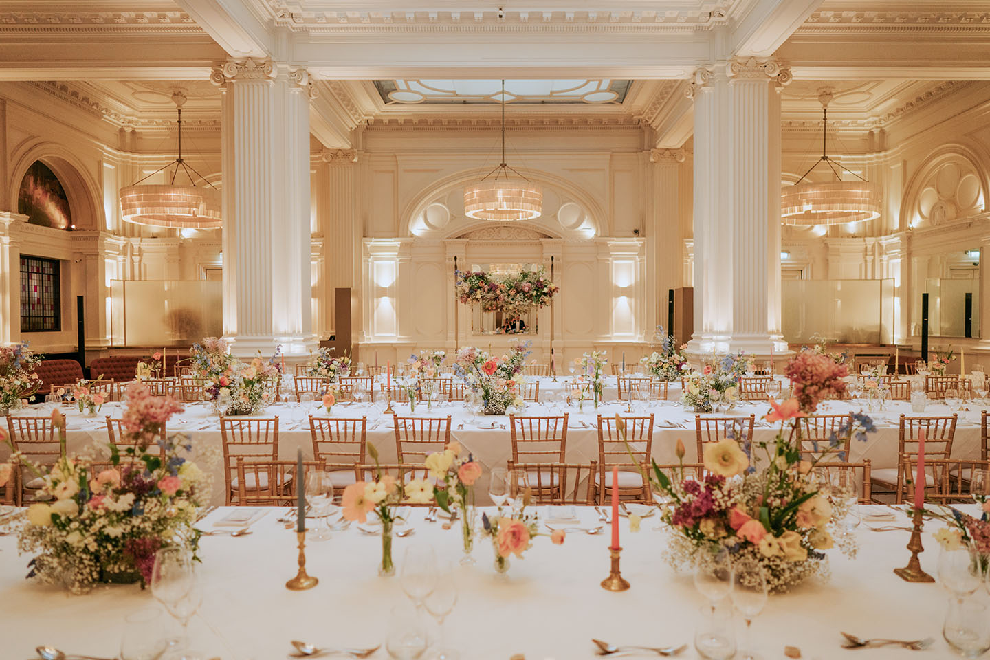 1901 Ballroom at Andaz wedding venue reception decor with fresh flowers