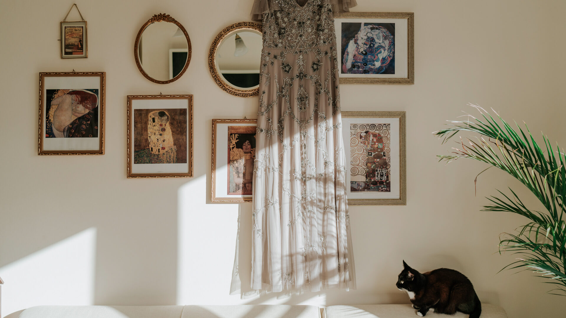 untraditional grey wedding dress hung on a wall with pictures and a cat nearby
