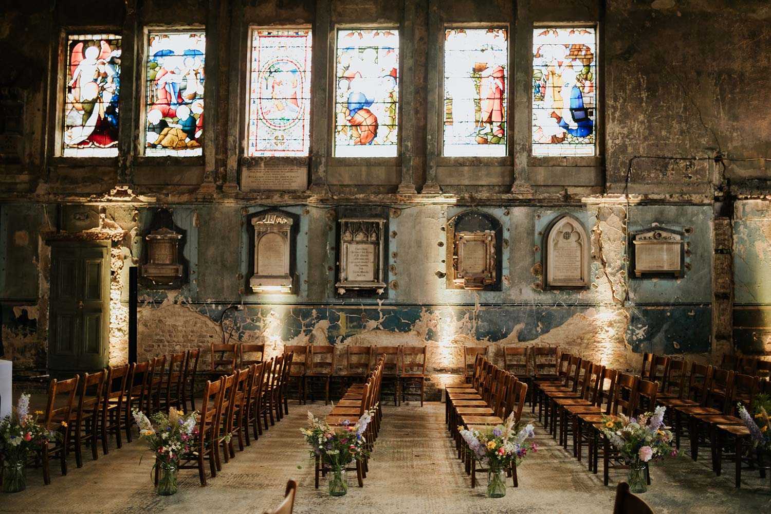 asylum chapel empty room with chairs and fresh flowers