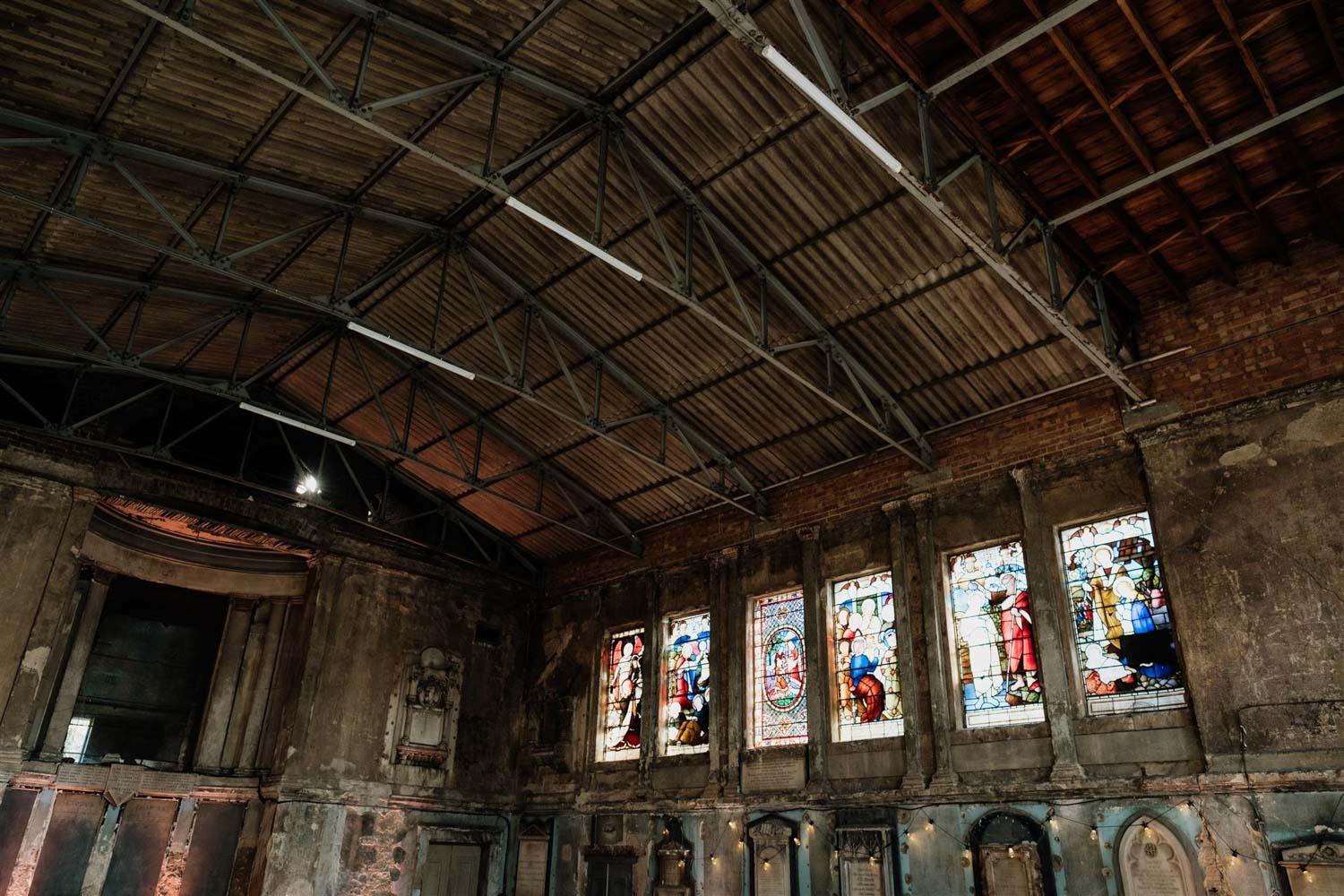 the roof and stained glass windows interior shot of asylum chapel
