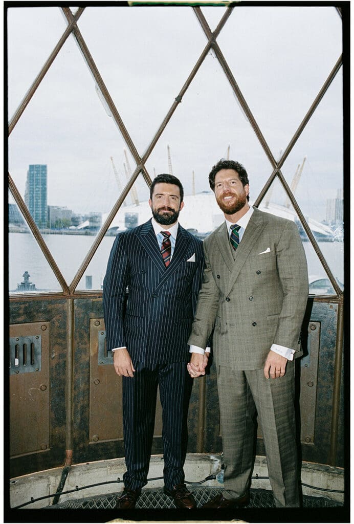Two grooms portrait in the Lighthouse at Trinity Buoy Wharf